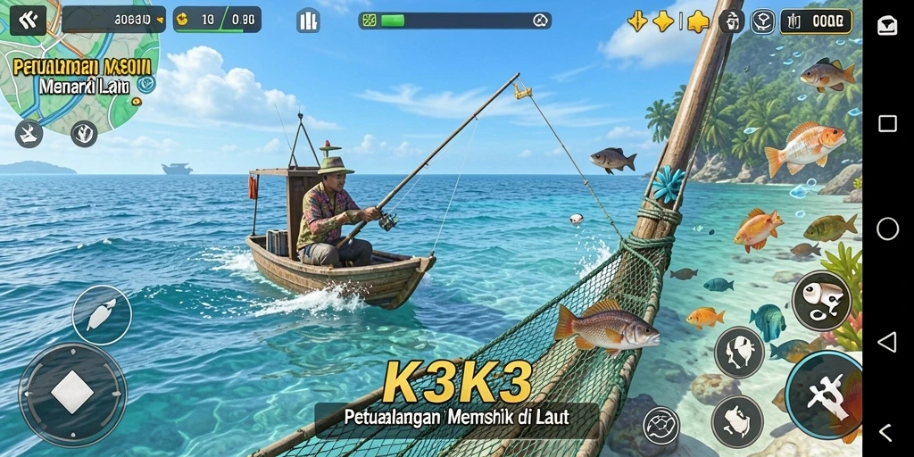 Gameplay K3K3 dengan pemandangan laut yang menakjubkan saat memancing.